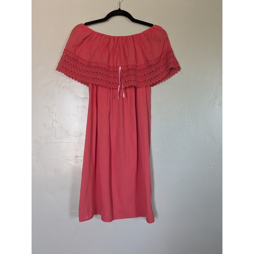 Coral Off-Shoulder Boho‎ Midi Dress Mexico One Size Stretchy Pink Cotton Resort